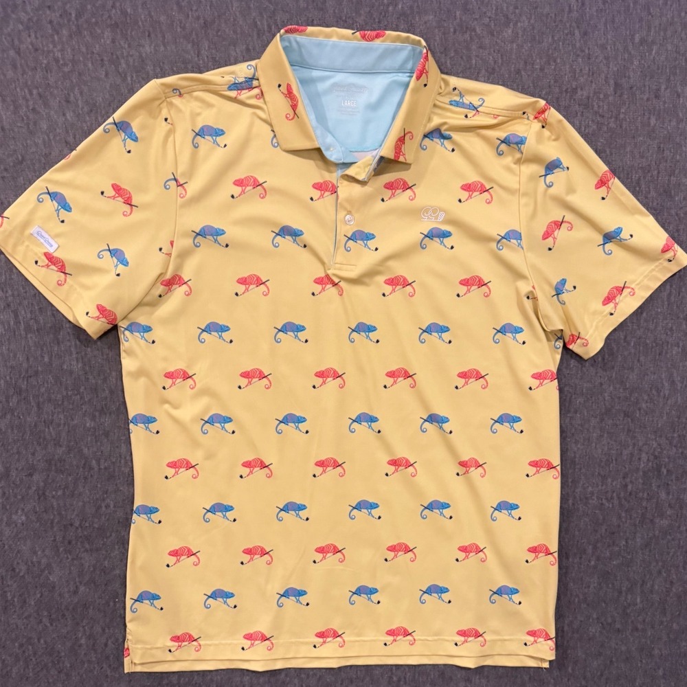 Good Good Golf Mens Polo Shirt Large Yellow Chameleon Print Performance Golf Top